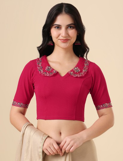 Charming pink lycra embroidered blouse with soft elegant detailing