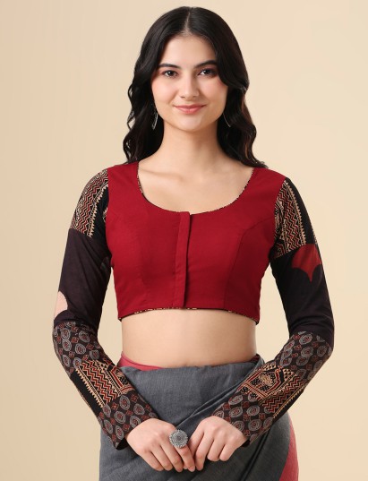 Maroon cotton printed blouse with front open classic design