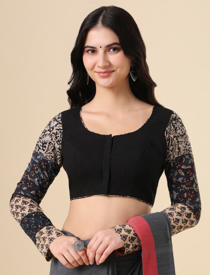 Black cotton printed blouse with front open and full sleeves
