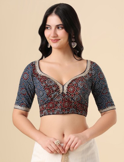 Blue cotton printed blouse with sequin work and sweetheart neckline