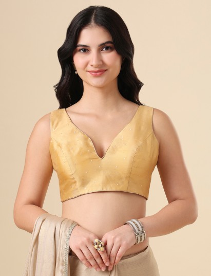 Gold taffeta silk zari woven blouse with elegant sleeveless style