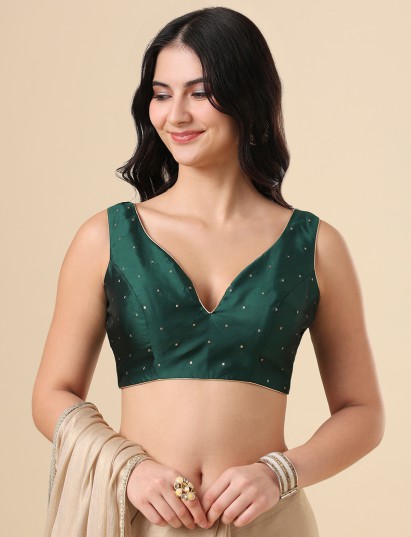 Bottle green taffeta silk zari blouse with sleeveless elegance