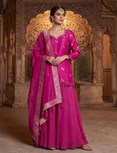 Rani pink silk georgette palazzo suit with tassels