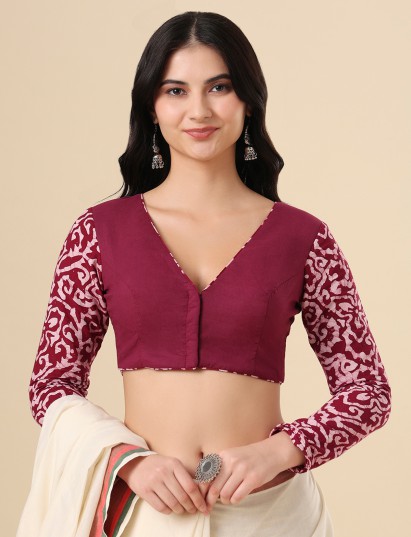 Wine cotton printed blouse with v neck and full sleeves