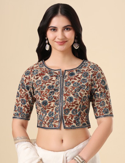 Beige cotton blouse with aabla and sequin work design