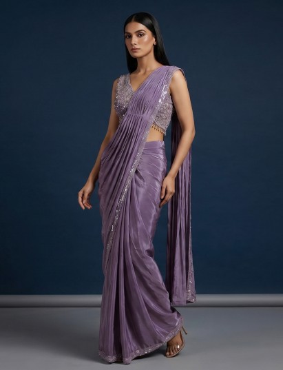 Lavender purple satin silk ready to wear saree with embellishments