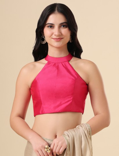 Pink taffeta blouse with trendy halter neck sleeveless style