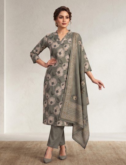 Sage green botanical cotton kurti set edit