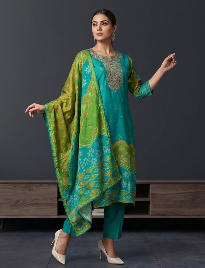 Blue bandhani inspired chanderi kurti set ensemble