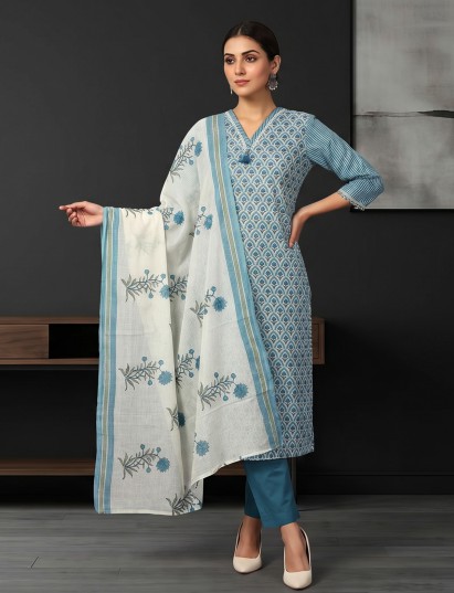 Blue striped printed cotton kurti set edit