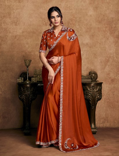 Rust orange satin silk saree for party wear