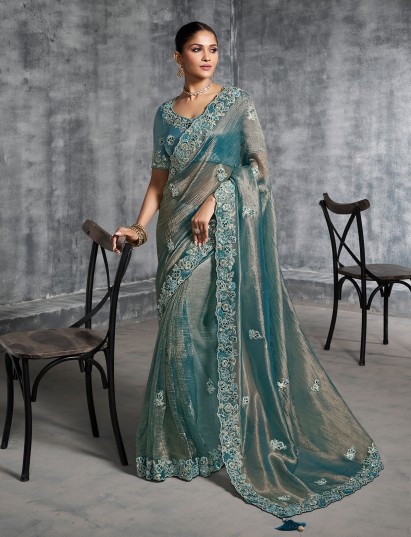 Pastel blue resham worked viscose tissue saree
