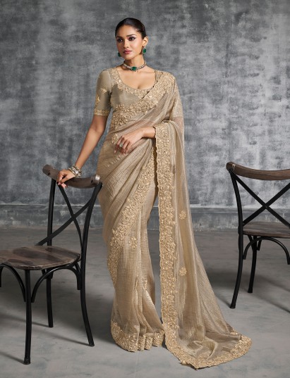 Beige party wear viscose tissue saree