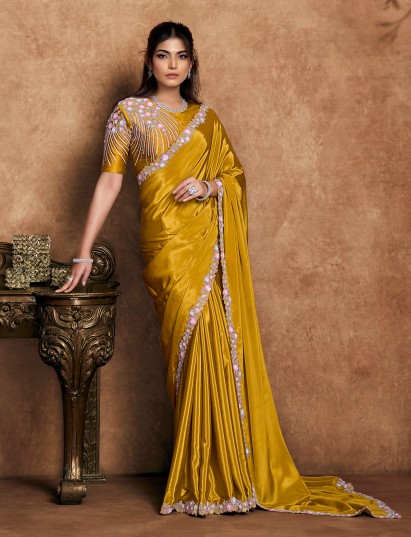 Yellow wedding wear crepe satin saree