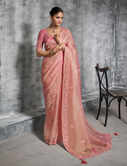Peach viscose tissue saree for festive wear
