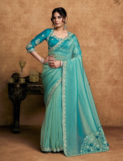 Aqua blue festive wear organza satin saree