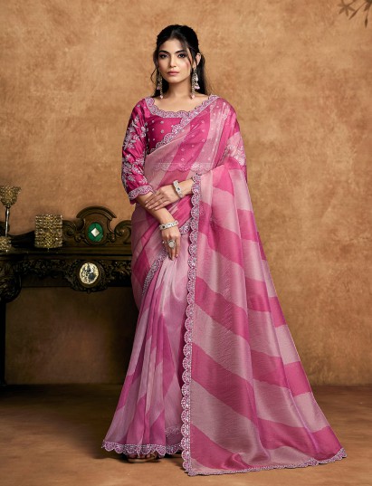 Pink organza satin saree with stripe pattern
