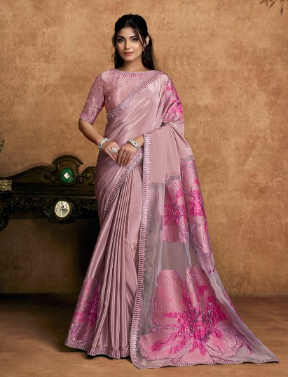 Onion pink festive wear crepe satin saree