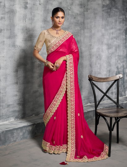 Rani pink viscose tissue saree for wedding celebrations