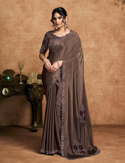 Brown party wear satin silk saree