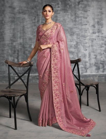 Onion pink viscose tissue saree for weddings