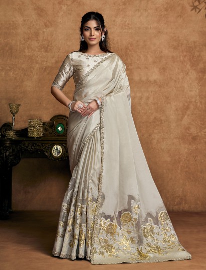 Cream party wear saree in uppada silk