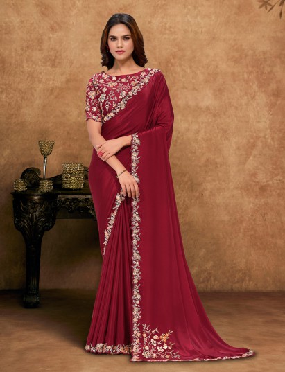 Maroon crepe silk saree with embellished border