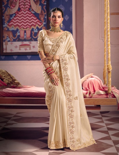 Cream viscose tissue silk saree for wedding wear