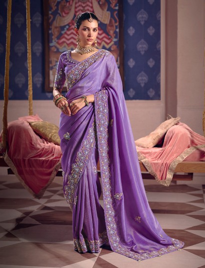 Purple viscose tissue silk wedding wear saree
