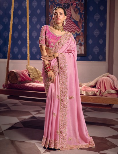 Pink viscose tissue silk saree for wedding wear