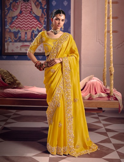 Yellow viscose tissue silk saree