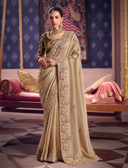 Beige viscose tissue silk saree for festivals