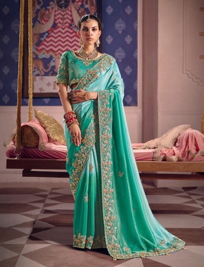 Turquoise blue viscose tissue silk saree for wedding wear