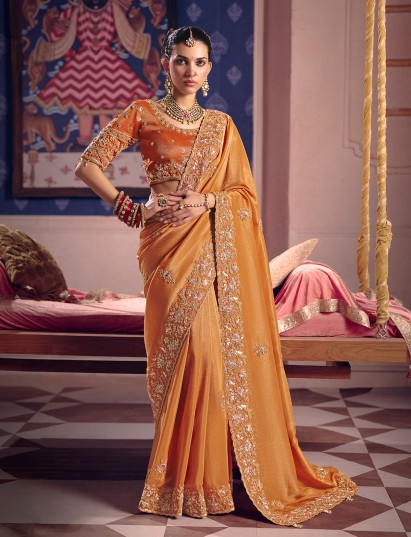 Peach viscose tissue silk saree for wedding celebrations