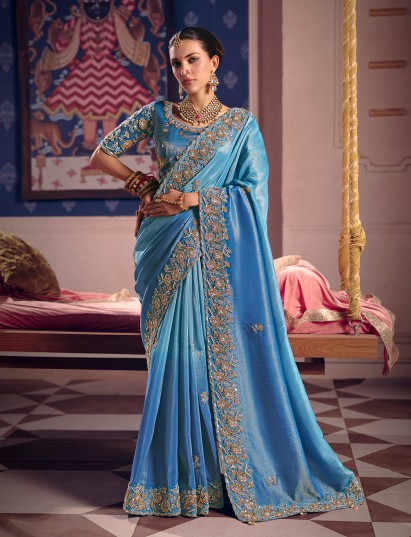 Blue viscose wedding wear tissue silk saree