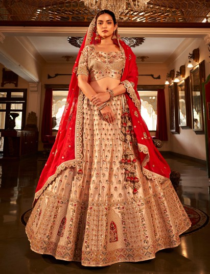 Beige satin silk lehenga choli with contrast dupatta