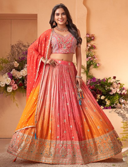 Pink orange silk bandhej printed lehenga choli with dupatta