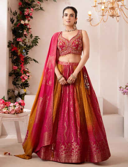 Rani pink yellow bandhej printed silk lehenga choli