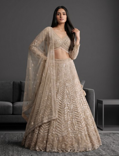 Beige net lehenga choli with heavy embellishment