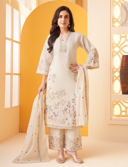 Off white cotton straight salwar suit with embroidery work