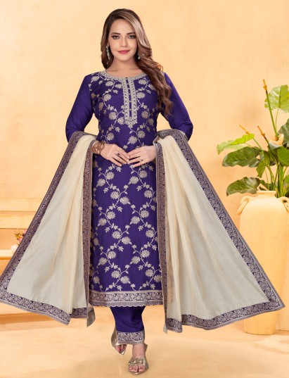 Royal blue silk straight salwar suit with contrast dupatta