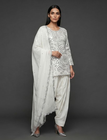 White silk embroidered punjabi salwar suit with dupatta