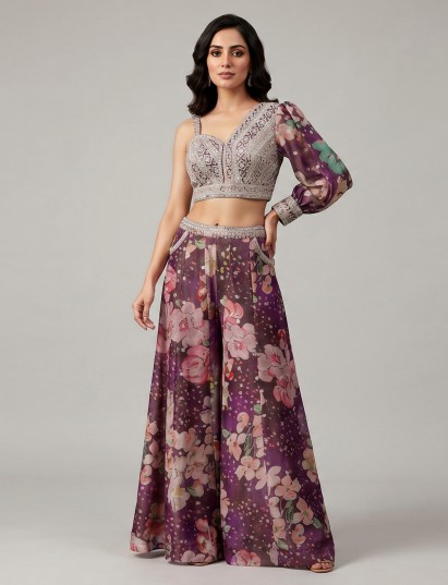 Purple silk designer floral palazzo suit for festive wear