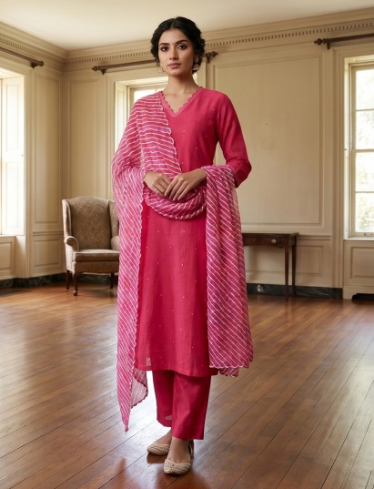 Magenta silk straight cut kurti set with aabla work