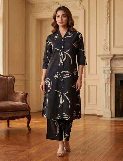 Black cotton silk printed palazzo kurti dupatta set