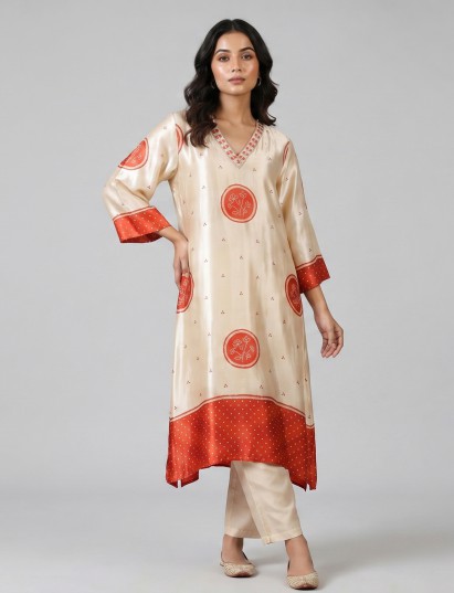 Cream orange mulmul silk printed kurti set