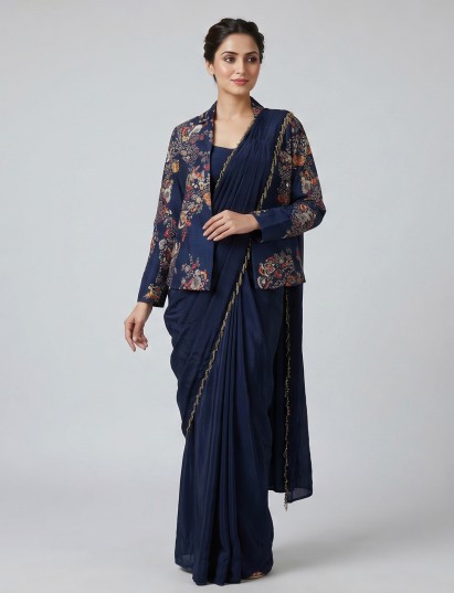 Navy blue dola silk designer ready to wear saree with jacket style