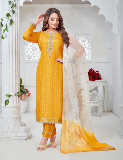 Mustard yellow silk straight cut suit with pearl work
