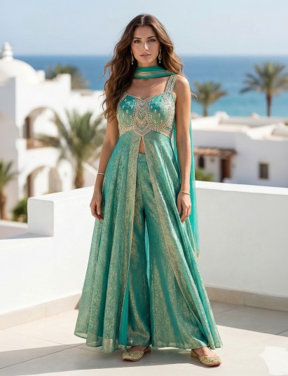 Pastel green tissue silk palazzo suit with detailing