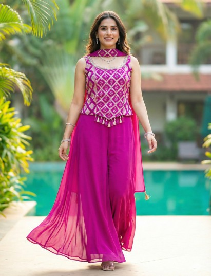 Magenta brocade palazzo suit with tassel detailing